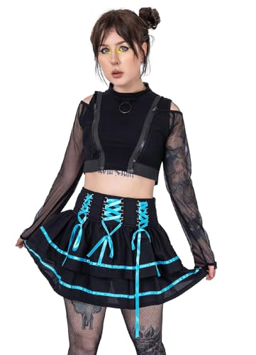 Poizen Industries Minirock Cyber Skirt Schwarz Blau Goth Gothic Schnürung Volant, Größe:L von Poizen Industries