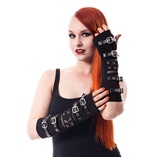 Poizen Industries Randalieren Arm wärmer Armstulpen Punk Gotisch Schnallen Korsett Spitzenhandschuhe - Schwarz von Poizen Industries