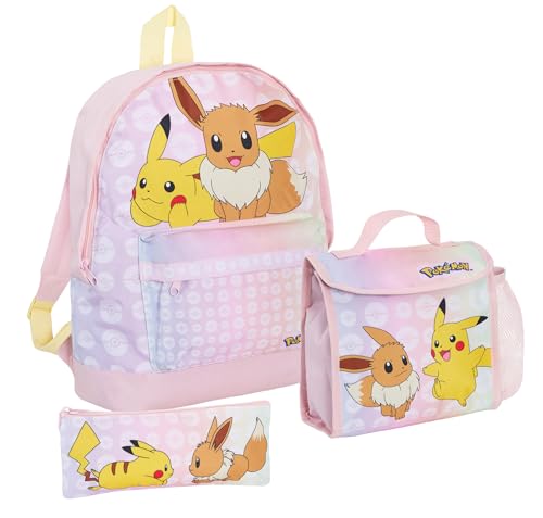 Mädchen Pokemon Rucksack + Lunchtasche + Federmäppchen 3-teiliges Pikachu & Eevee College Schulranzen Set, rose, Rucksack von Pokémon