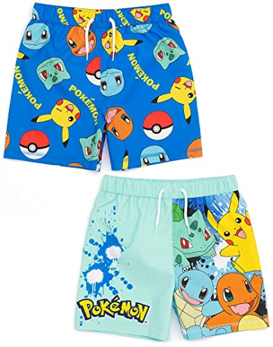 Pokemon Badeshorts 2 Pack für Jungen | Kinder Kinder Blau Squirtle Pikachu Charmander Bulbasaur Badehose Trunks | Gamer Bademode Geschenke von Pokémon