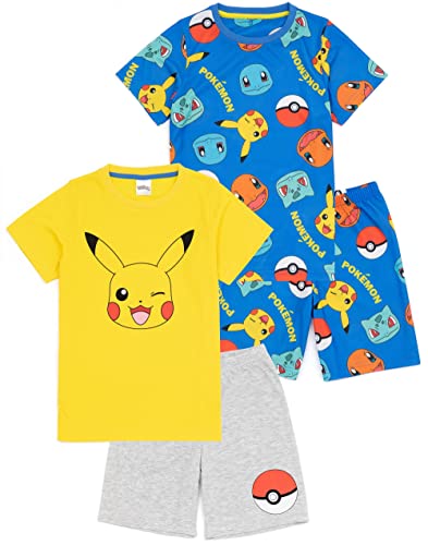 Pokemon Boys 2er-Pack Pyjamas | Kinder Gelb Pikachu Blau Bulbasaur Charmander Squirtle Charaktere T-Shirts Shorts Set | Spiel Nachtwäsche Merchandise von Pokémon