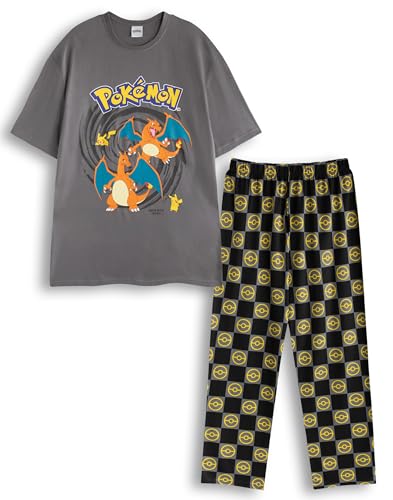 Pokémon Charizard & Pikachu Graues Grafik-T-Shirt für Herren | Kurzärmliges Oberteil mit Rundhalsausschnitt | Nachtwäsche mit Cartoon- und geometrischem Aufdruck Logo-T-Shirt von Pokémon