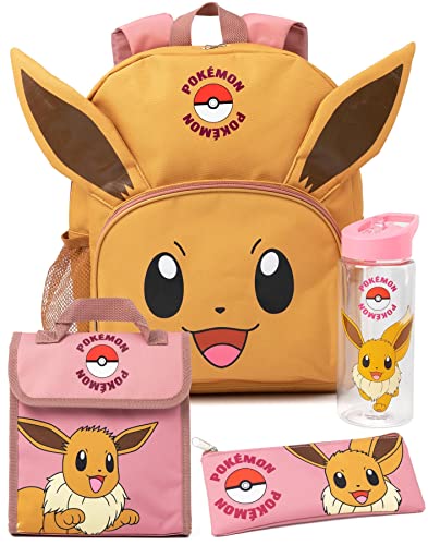 Pokemon Eevee 4-teiliges Rucksack-Set | Animierte Figur 3D-Ohren Rosa Rucksack Lunchtasche Federmäppchen Wasserflasche | Spiel Back to School Bag Geschenke von Pokémon