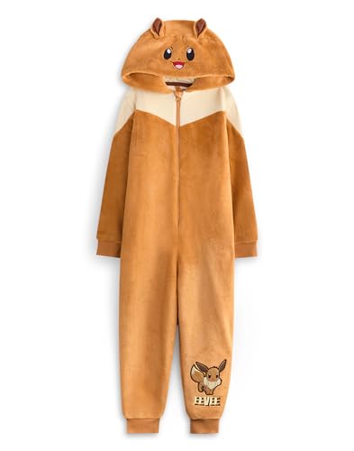 Pokémon Evoli Mädchen Onesie | Kinder-Schlafanzug mit Kapuze und 3D-Ohren mit grafischem Eevee-Charakter in Braun | Taschenmonster-Pyjama-Nachtwäsche für Kinder von Pokémon