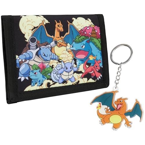 Pokemon Geldbeutel Kinder Jungen und Mädchen Cute Wallet Geldbörse Jugendliche mit Kartenfächern Münzfach und Schlüsselanhänger für Kinder (Schwarz/Mehrfarbig) von Pokémon