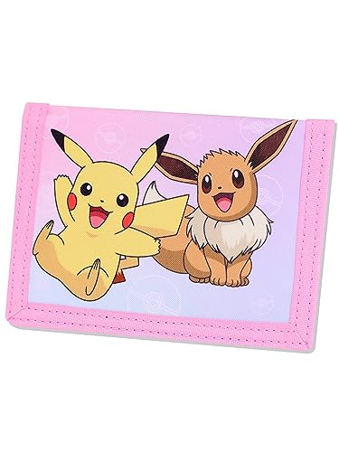 Pokemon Geldbörse Mädchen Kleine Geldbörse Niedlich Canvas Trifold Klettverschluss Kinder Geldbörsen für Mädchen mit Münztasche und Kartenhalter, Feat. Pikachu und Eevee, rose, Casual von Pokémon