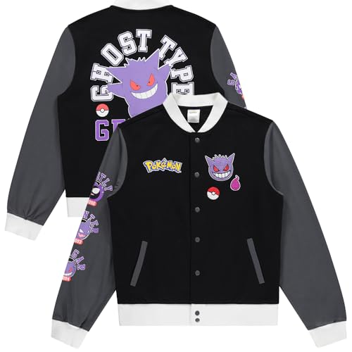 Pokemon Gengar Snap Varsity Jacke für Herren - Erwachsene Letterman Jacke mit gestickten Patches - Stilvolle Druckknopfjacken, Schwarz, XL von Pokémon