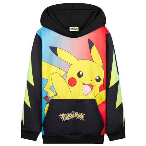 Pokemon Hoodie Jungen, Warmer Kapuzenpullover mit Bündchen & Kängurutasche - Pikachu Geschenke für Jungs (Schwarz/Bunt Pikachu, 11-12 Jahre) von Pokémon