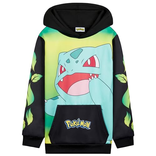 Pokemon Hoodie Jungen, Warmer Kapuzenpullover mit Bündchen & Kängurutasche - Pikachu Geschenke für Jungs (Schwarz/Gelb Bisasam, 7-8 Jahre) von Pokémon