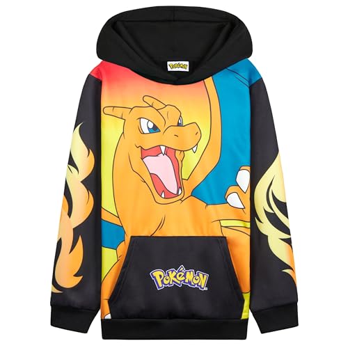 Pokemon Hoodie Jungen, Warmer Kapuzenpullover mit Bündchen & Kängurutasche - Pikachu Geschenke für Jungs (Schwarz/Orange Glurak, 11-12 Jahre) von Pokémon