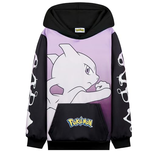 Pokemon Hoodie Jungen, Warmer Kapuzenpullover mit Bündchen & Kängurutasche - Pikachu Geschenke für Jungs (Schwarz/Rosa Mewtu, 13-14 Jahre) von Pokémon