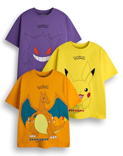 Pokemon Jungen T-Shirt 3er Pack | Gelb, Orange & Lila Kurzarm Grafik T-Shirt Bundle | Pikachu Glurak Gengar Gaming Multipack Bekleidungsset | Spiel TV Serie Film Merchandise Geschenk Bundle von Pokémon