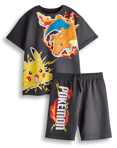 Pokemon Jungen T-Shirt & Shorts Set | Kinder Dunkelgrau Kurzarm Grafik T-Shirt & Bottoms Bekleidungspaket | Pikachu Glurak Pokeball Komplettes passendes Outfit | Spiel TV Serie Film Merchandise von Pokemon