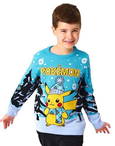 Pokemon Kinder Gestrickter Blauer Weihnachtspullover | Festlicher Pikachu-Pullover - Lustig & Warm Junge Pokemon Bringen Sie Freude und Farbe in die Feierlichkeiten von Pokémon