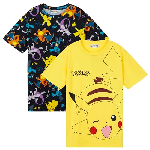 Pokemon Kinder T Shirt Jungen mit Rundhalsausschnitt 2er-Pack, Pikachu Geschenke (Schwarz/Gelb, 13-14 Jahre) von Pokémon