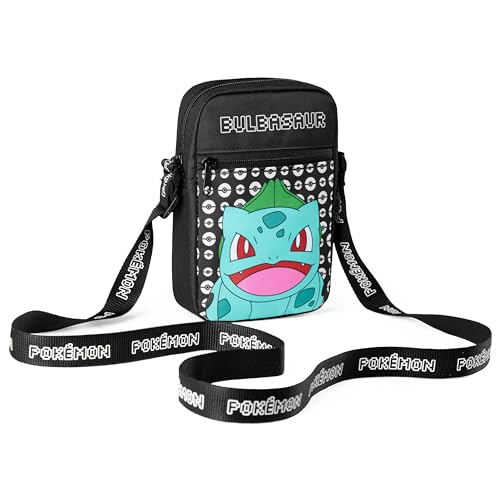 Pokemon Kinder Umhängetasche, Pikachu Reisetasche mit Verstellbarer Schultergurt, Großes Hauptfach mit Reißverschluss Kinder Geschenke (Schwarz Bulbasaur) von Pokémon