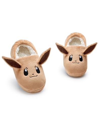 Pokemon Mädchen Hausschuhe | Eevee Character Face Slip-On Loafer-Hausschuhe für Kinder mit 3D-Ohren | Taschenmonster-Hausschuhe für Kinder mit Pelzfutter in Braun | Game-TV-Serie Indoor von Pokémon