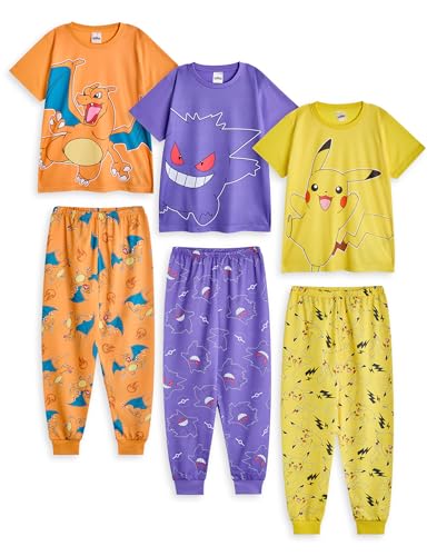 Pokémon Mädchen Pyjama Set | Kurzärmliges Oberteil mit Pikachu- und Charizard-Grafik für Kinder und Pyjamahose mit Langen Beinen in Gelb, Lila und Orange | Kinder Pocket Monster Nachtwäsche von Pokémon