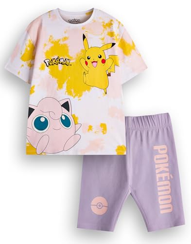 Pokemon Mädchen T-Shirt & Shorts Set | Kinder Tie Dye Kurzarm Grafik T-Shirt & Lila Radhose Komplettes Outfit | Pikachu Jigglypuff Bekleidungspaket | Spiel TV Serie Film Merchandise von Pokémon