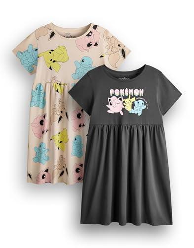 Pokemon Mädchenkleid 2er-Pack | Kurzarm-Sommerkleider in Dunkelgrau und Hellbraun mit grafischer Tageskleidung | Pikachu Squirtle Jigglypuff Multipack-Kleidungsset | Game TV Serien Film Merchandise von Pokémon