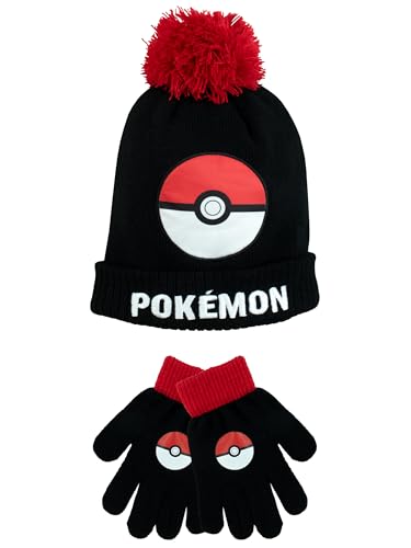 Pokemon Mütze und Handschuhe Set für Kinder | Wintermütze und Handschuhe für Mädchen und Jungen | Kinder Beanie Mütze | Rote Einheitsgröße von Pokémon