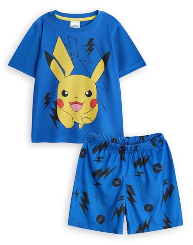 Pokémon Pikachu Jungen 2-teiliges Pyjama-Set | Durchgehend Bedruckte Shorts mit kurzen Beinen und kurzärmliges Nachtoberteil für Kinder in Blau von Pokémon