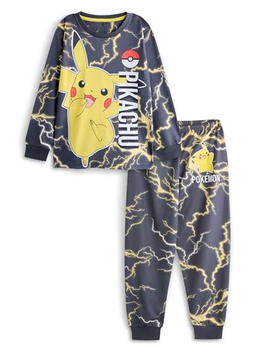 Pokémon Pikachu Jungen-Pyjama-Set | Langärmliges Oberteil mit Pikachu-Charaktergrafik für Kinder und Pyjamahose mit langem Bein in Schwarz | Kinder-Nachtwäsche mit Pokeball- und Blitz-Print von Pokémon