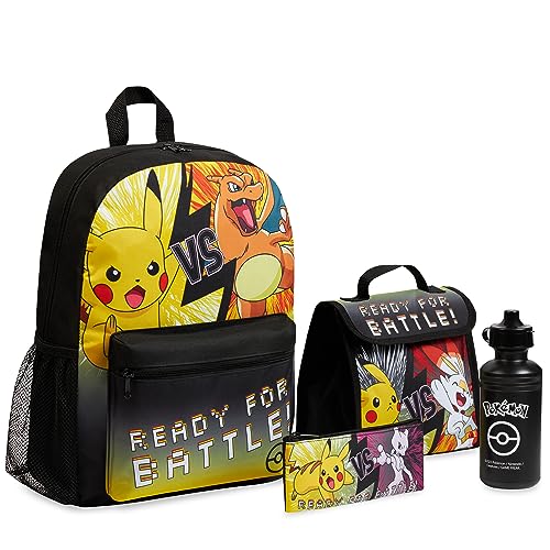 Pokemon Rucksack Kinder 4er Set Schulranzen Lunchbox Federmäppchen Wasserflasche 500ml Kinderrucksack für Jungen Mädchen (Schwarz/Gelb) von Pokémon