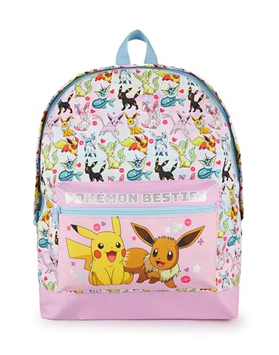 Pokemon Mädchen Rosa Glitzer Schulrucksack | Eevee Besties Design mit Pikachu Pom Pom Schlüsselanhänger | Traumtasche für endlosen Spaß und Schultage und darüber hinaus | Geräumige Fächer von Pokémon