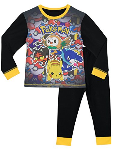 Pokemon Schlafanzug | Baumwoll Schlafanzüge Für Jungen | Rowlet Popplio Litten | Pikachu Pyjama Kinder Lang 116 von Pokémon