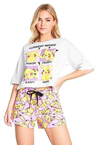 Pokemon Schlafanzug Damen Kurz Set - Baumwoll-Pyjama Damen Kurz mit Pikachu - Bequeme Damen Schlafanzug Kurz, Kurzer Schlafanzug Damen, Perfekt für Nachtwäsche & Loungewear (L, Grau/Rosa) von Pokémon