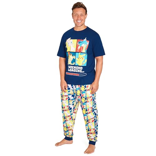 Pokemon Schlafanzug Herren Lang Lustig Pyjama Männer und Teenagers S-3XL (Marineblau/Mehrfarbig, 3XL) von Pokémon