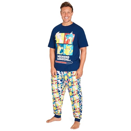 Pokemon Schlafanzug Herren Lang Lustig Pyjama Männer und Teenagers S-3XL (Marineblau/Mehrfarbig, S) von Pokémon