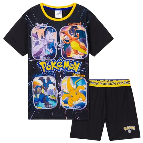 Pokemon Schlafanzug Jungen, Sommer Pyjama Set mit T-Shirt und Schlafhose Shorts (Schwarz/Gelb, 11-12 Jahre) von Pokémon