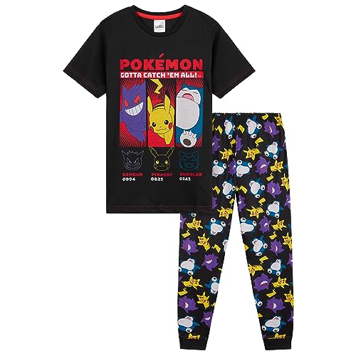 Pokemon Schlafanzug Jungen Pyjama Kinder 4-14 Jahre Sommer Winter Nachtwäsche Oberteil Kurz Pyjamahose Lang (Schwarz, 13-14 Jahre) von Pokémon