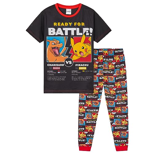 Pokemon Schlafanzug Jungen Pyjama Kinder 4-14 Jahre Sommer Winter Nachtwäsche Oberteil Kurz Pyjamahose Lang (Schwarz/Mehrfarbig, 9-10 Jahre) von Pokemon