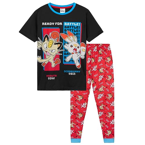 Pokemon Schlafanzug Jungen Pyjama Kinder 4-14 Jahre Sommer Winter Nachtwäsche Oberteil Kurz Pyjamahose Lang (Schwarz/Rot, 7-8 Jahre) von Pokémon