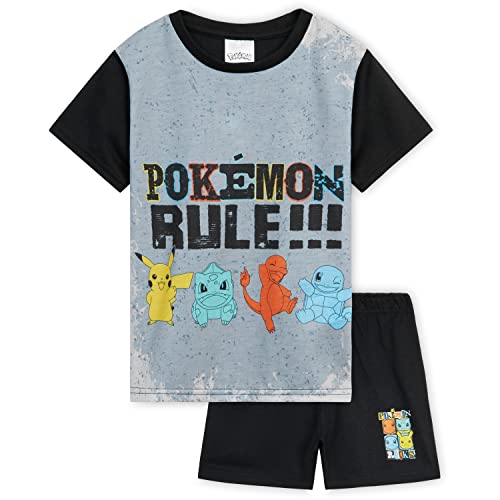 Pokemon Schlafanzug Jungen, Sommer Pyjama Set mit T-Shirt und Schlafhose Shorts (Schwarz/Grau,9-10 Jahre) von Pokémon