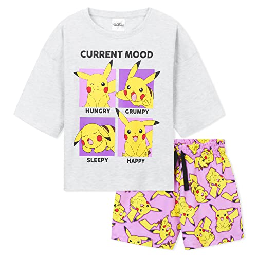 Pokemon Schlafanzug Mädchen Kurz Sommer Pyjama Kinder Nachtwäsche Kurz T Shirt und Hose Schlafanzug Set Teenager (Grau/Rosa, 13-14 Jahre) von Pokémon