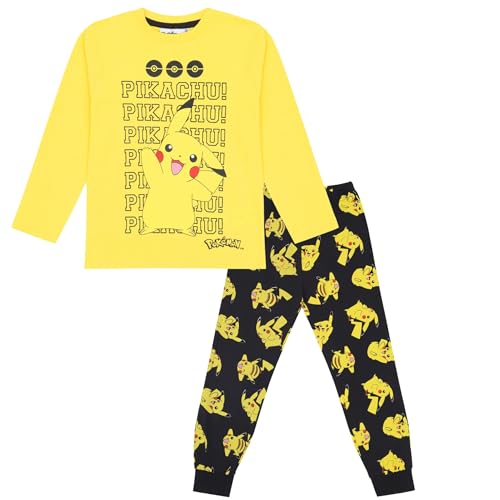Pokemon Schlafanzug Pyjama Langarm Pikachu Junge und Mädchen Unisex (DE/NL/SE/PL, Numerisch, 134, Regular, Gelb) von Pokémon