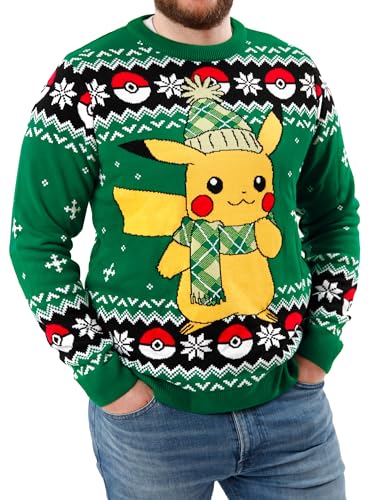 Pokemon Weihnachtspullover Herren | Pikachu Pullover Für Herren | Weihnachtspullover Manner | Grün L von Pokemon