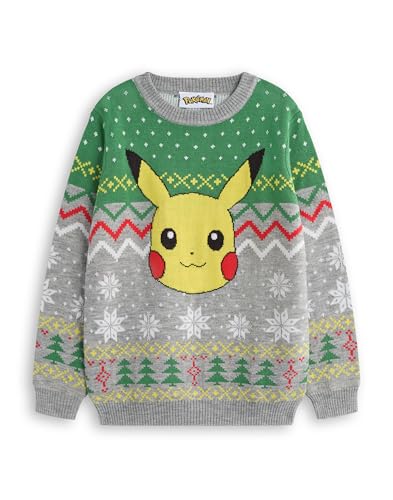 Pokémon Weihnachtspullover für Kinder | Festlicher Feiertags-Pikachu-Langarm-Strickpullover für Kinder | Warmer Strickpullover | Pikachu-Spielartikel für Jungen und Mädchen, Grau von Pokémon