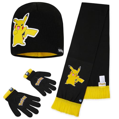Pokemon Wintermütze & Handschuhe oder Winter Mütze, Schal & Handschuhe Set Kinder (7-12 Jahre, Schwarz/Gelb 3 Stück) von Pokemon