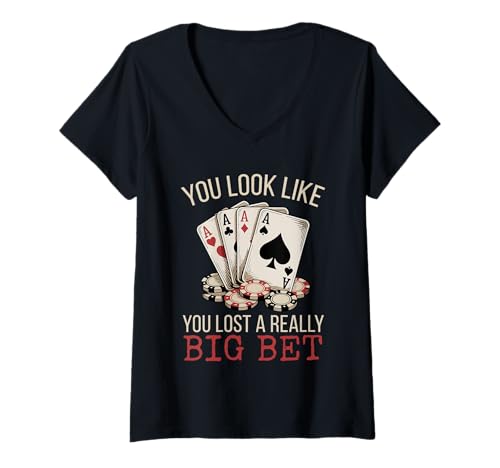 Damen Poker Player Cards Casino Retro Karten Spieler Lustiges Bet T-Shirt mit V-Ausschnitt von Poker Game Night Tournament Herren Damen Funny