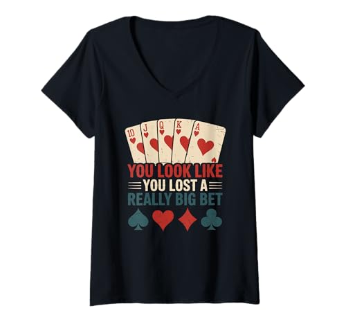 Damen Poker Player Cards Casino Retro Karten Spieler Lustiges Bet T-Shirt mit V-Ausschnitt von Poker Game Night Tournament Men Women Funny Bluff