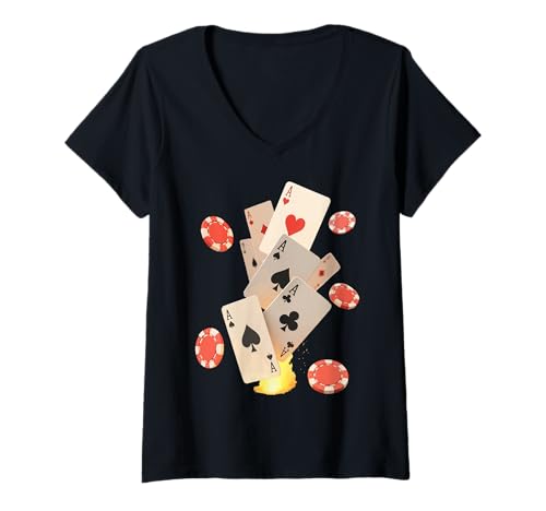 Damen Pokerkarte Casino Vegas Karten Kostüm T-Shirt mit V-Ausschnitt von Poker Outfit
