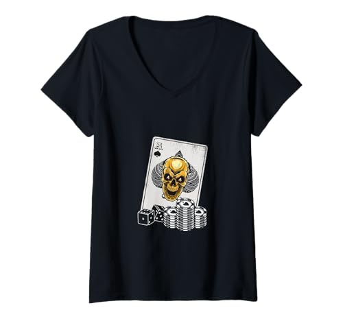 Damen Ass Pik Schädel Totenkopf Poker Kartenspiel Pokerspieler T-Shirt mit V-Ausschnitt von Pokerchips Holdem Pokern Glücksspiel Geschenk