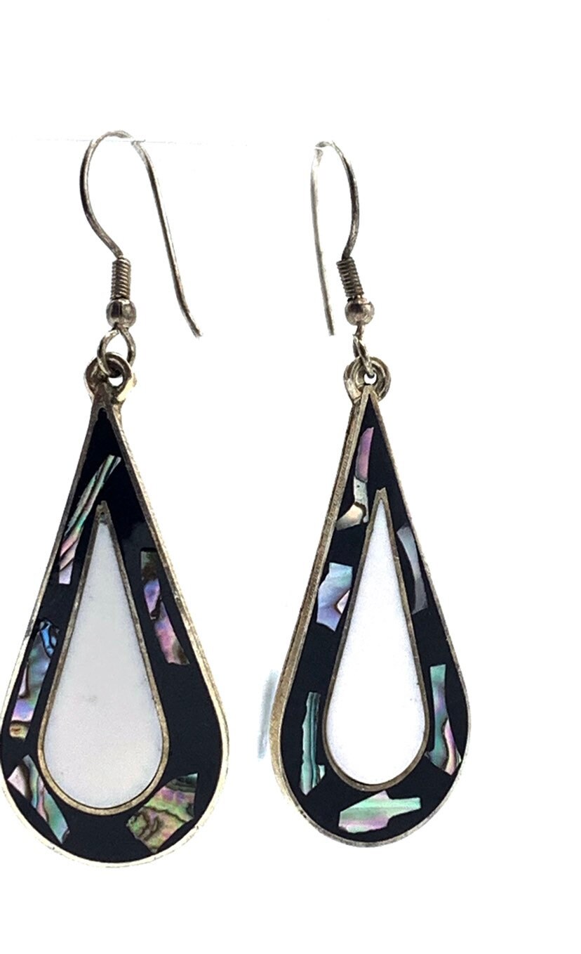 Vintage Alpaka Weiß Und Schwarz Mit Abalone Perlmutt Ohrringe. Signiert L von PokitaGifts