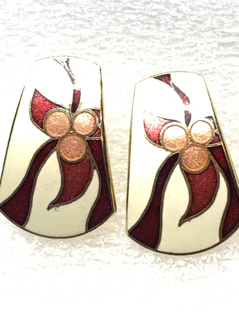 Vintage Cloisone Ohrringe Ton Weiß Mit Blumenmuster von PokitaGifts