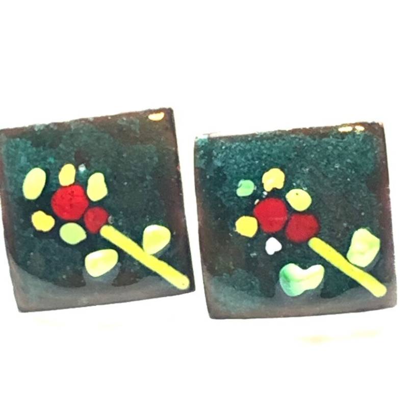Vintage Kupfer Emaille Ohrringe Mit Blumendesign, Grüner Farbton Und Squad-Form von PokitaGifts